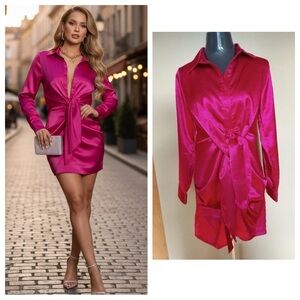 Morrisday Satin Shirt Dress Fuchsia Pink Faux Wrap Valentine’s Day Glam